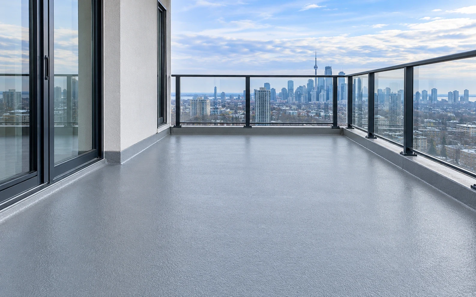 architectural illustration of a condominium balcony terrace with a grey waterproofing membrane