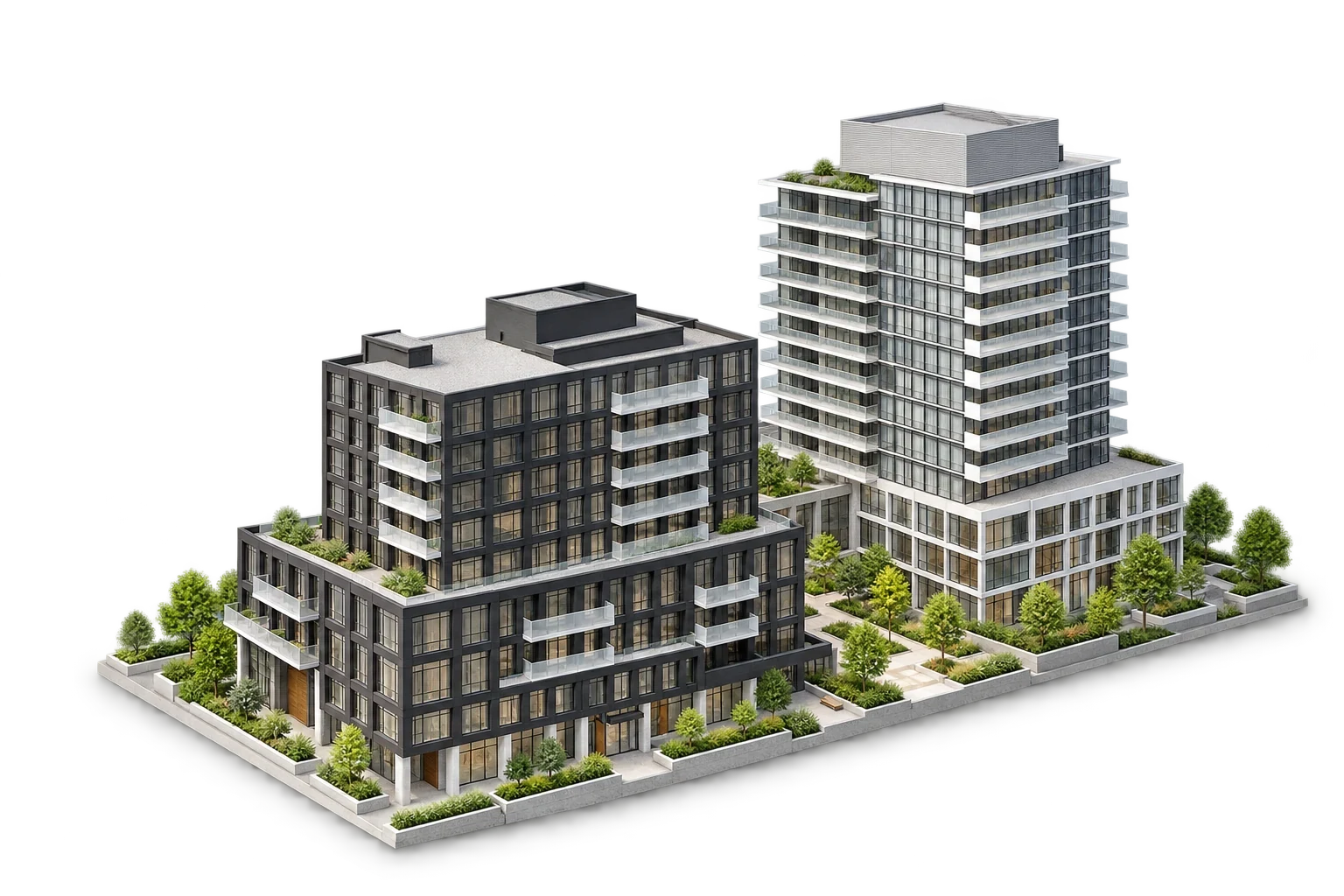 Reference-based architectural illustration of Allenbury Gardens midrise buildings