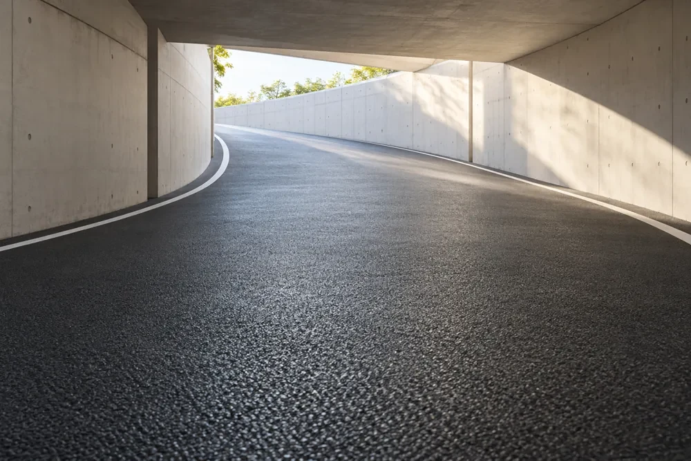 Illustrative empty garage ramp with a textured traffic-bearing membrane