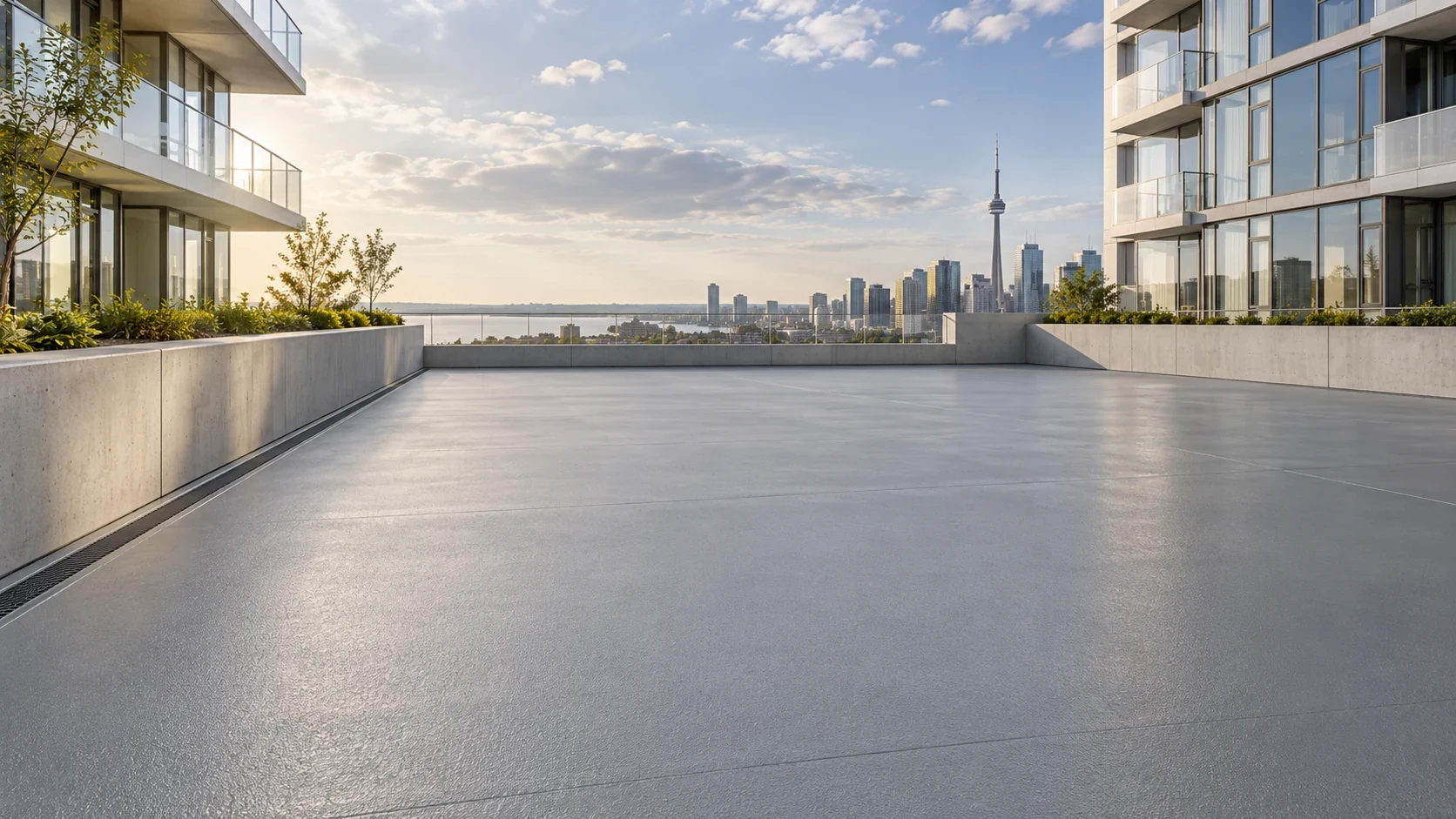 illustration of a finished grey membrane on an empty condominium podium deck